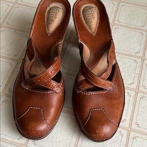 Clarks Brown Leather Mules with Woven Detail
